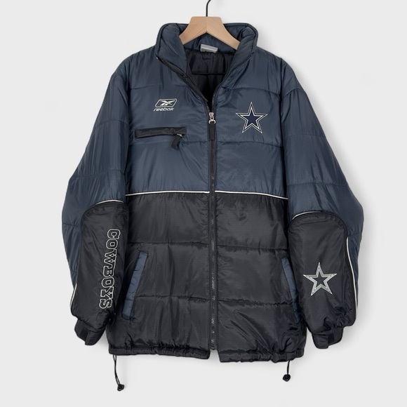 NFL Reebok Dallas Cowboys Mens Large Navy Blue Black Embroidered Puffer Jacket - Picture 1 of 15